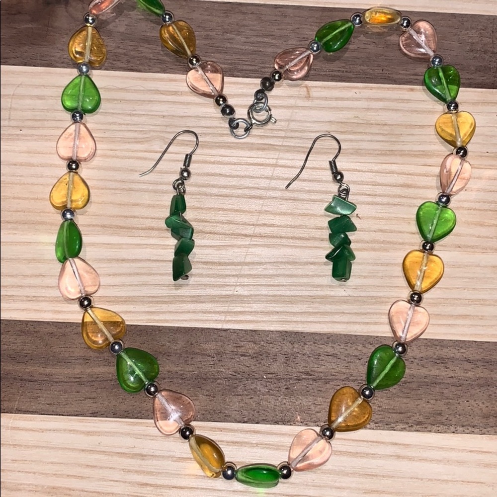 Heart glass necklace & earrings bundle summer/boho
